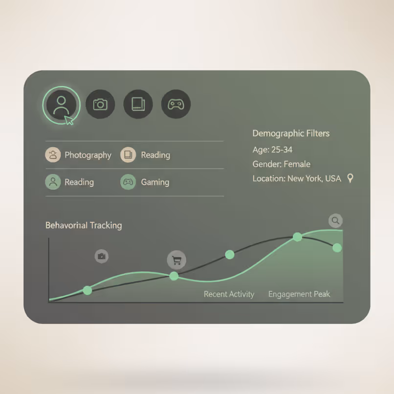 User interface displaying demographic filters for a female aged 25-34 from New York, USA, with behavioral tracking graph showing recent activity and engagement peak related to photography, reading, and gaming interests.
