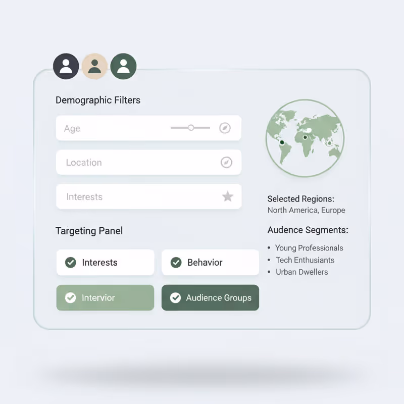User interface panel with demographic filters for age, location, and interests, a targeting panel with selected options, and a map highlighting North America and Europe.