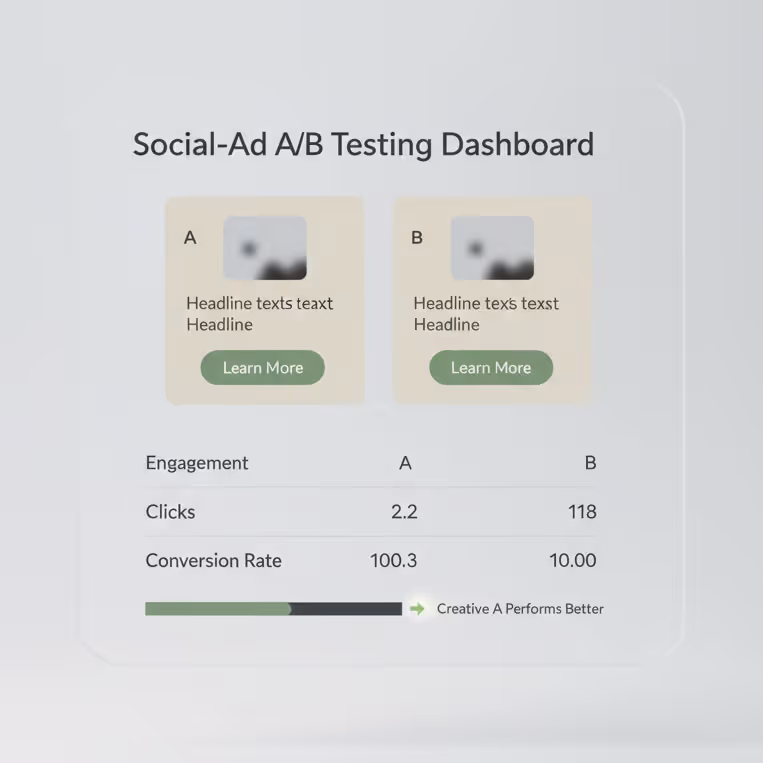 Social-Ad A/B Testing Dashboard comparing two ads labeled A and B with engagement stats showing ad A has 2.2 clicks and 100.3% conversion rate, ad B has 118 clicks and 10% conversion rate, indicating Creative A performs better.