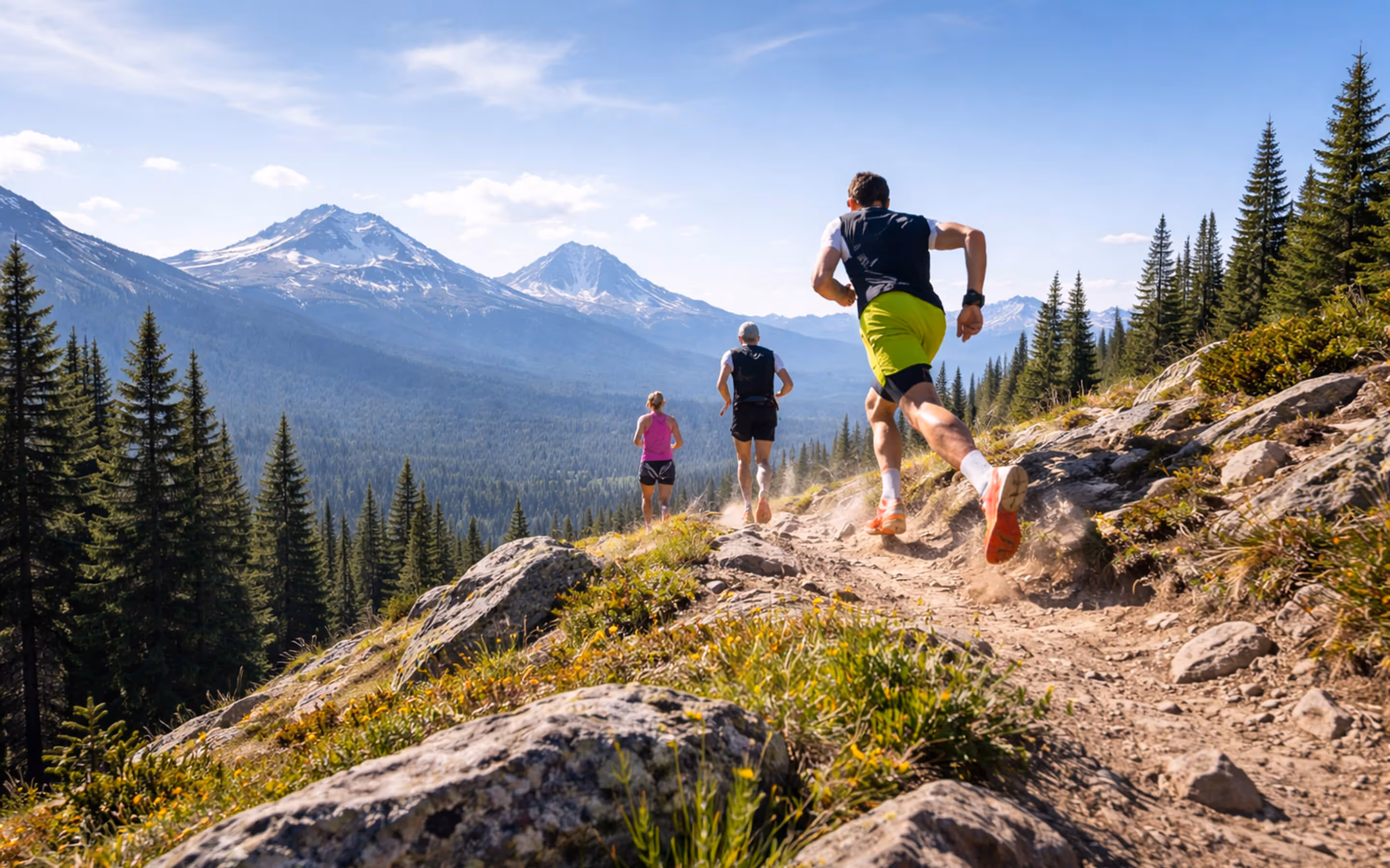trail runners climbing mountain trail in Bend Oregon with Cascade Mountains backdrop representing performance and chiropractic care by HealthCore Chiropractic