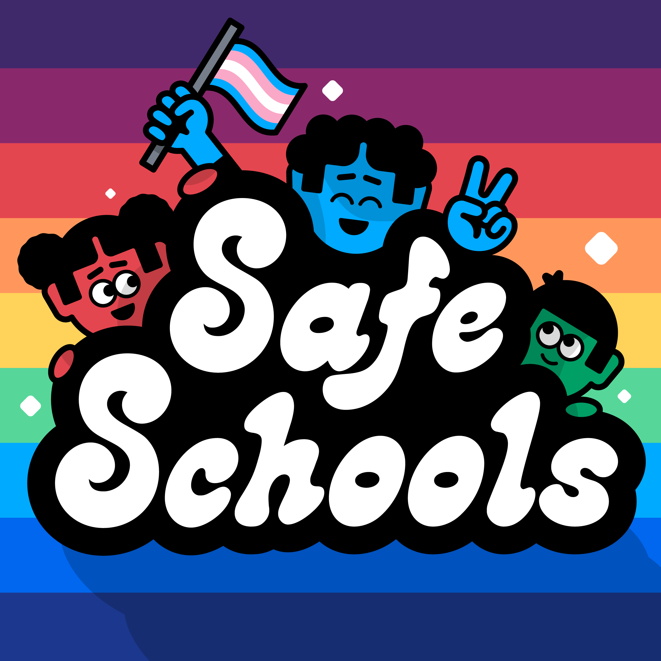 Graphic: People surround a wordmark that reads Safe Schools. One of the people holds a Trans Flag.