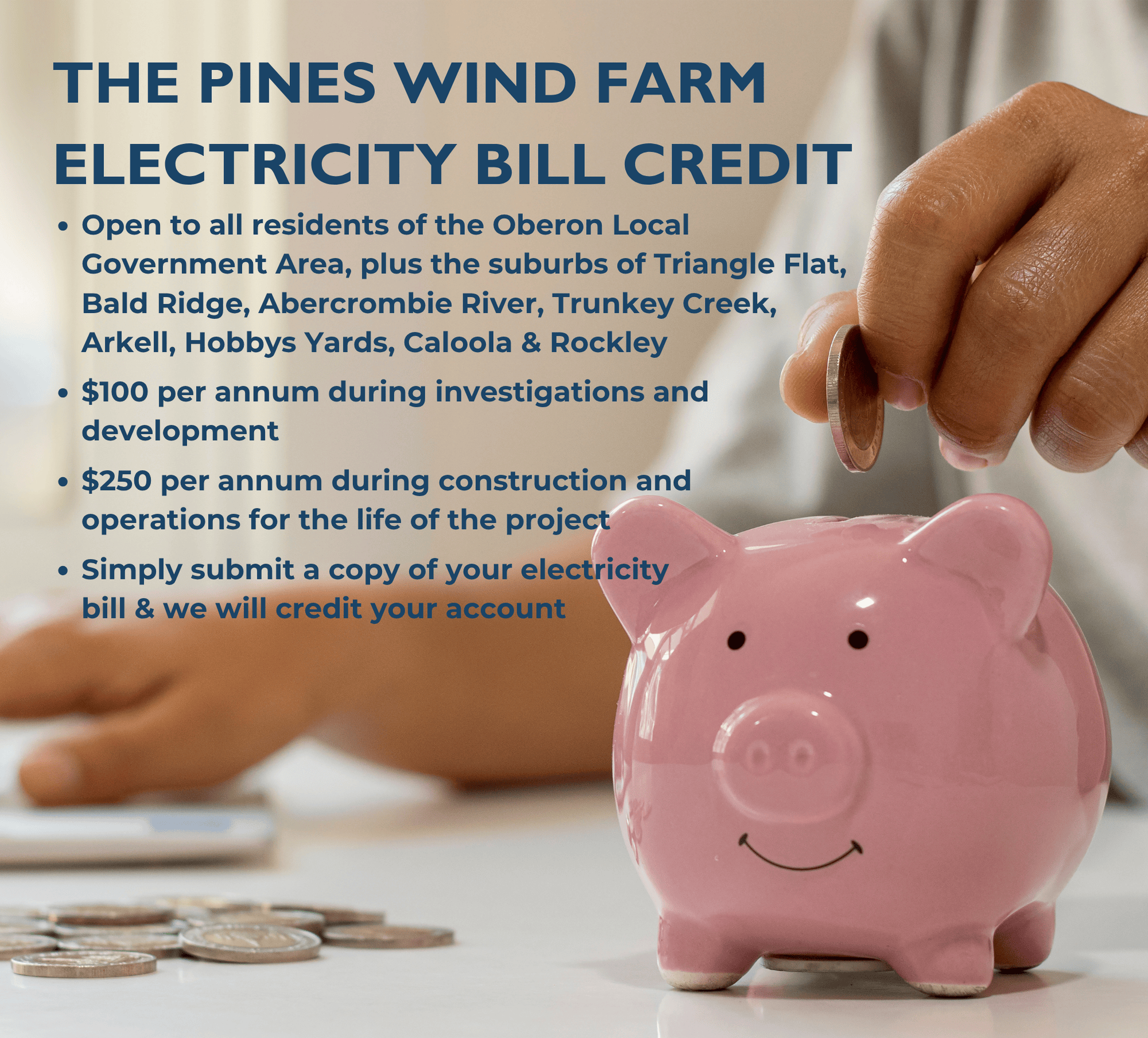 A flier for the Pines Wind Farm Electricity Bill Credit Program with a picture of a piggy bank in a beannie next to a tiny pine tree and a heater with a bright blue wall behind the white text. 