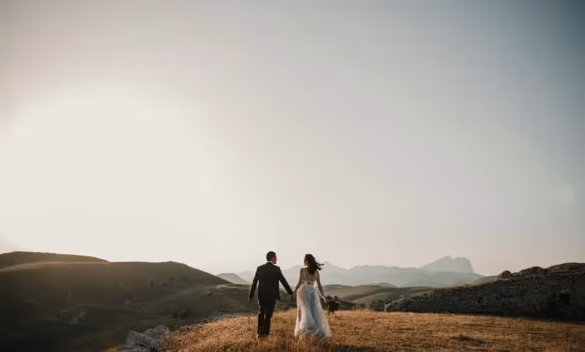 A bridge and groom on a hillside