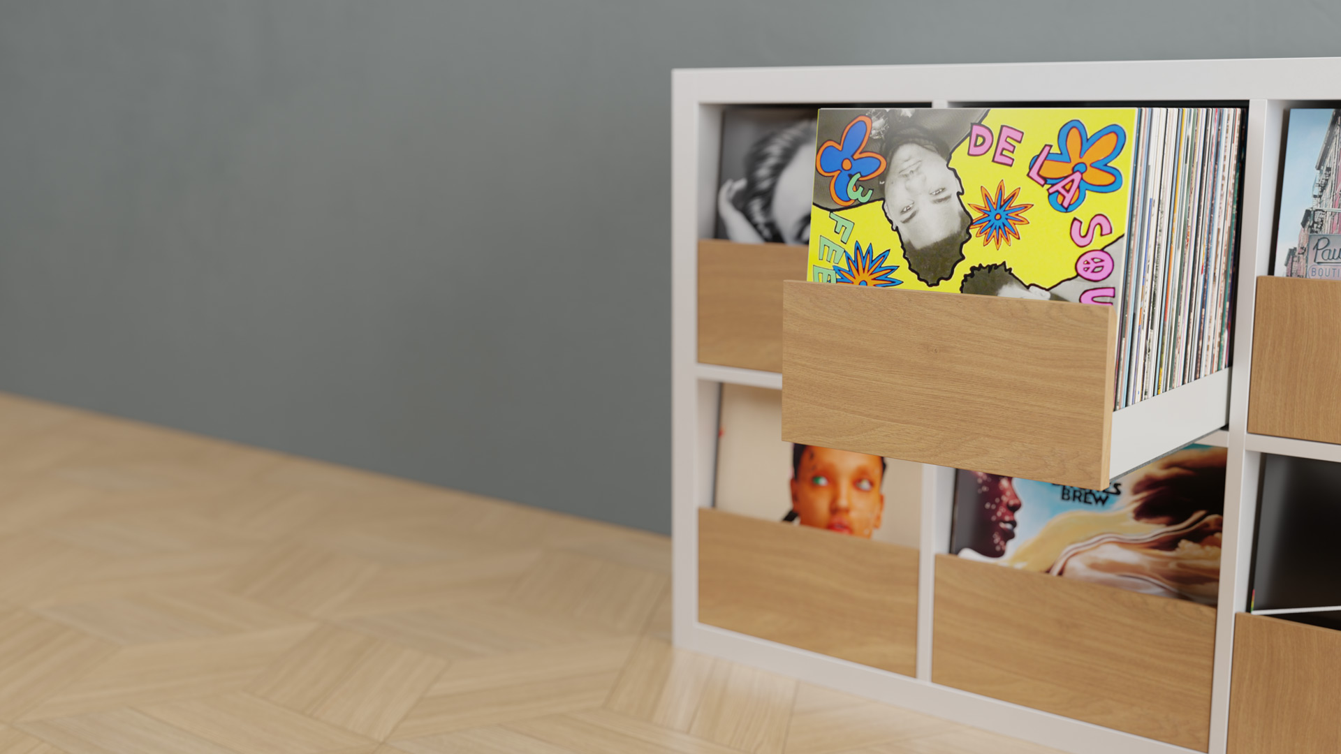 Close up of an open Klaxxon vinyl record drawer in an IKEA Kallax unit