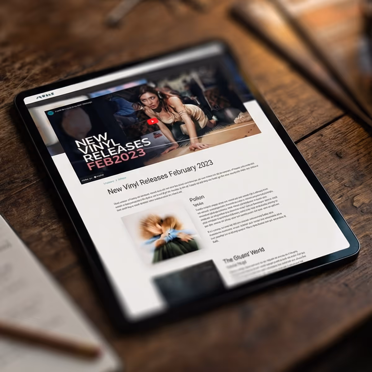 Close up of an iPad with FNRBLR Vinyl Release news on a timber coffee table background