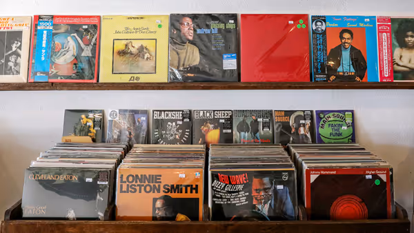 Organised vinyl record collection on timber shelving showing jazz and soul albums