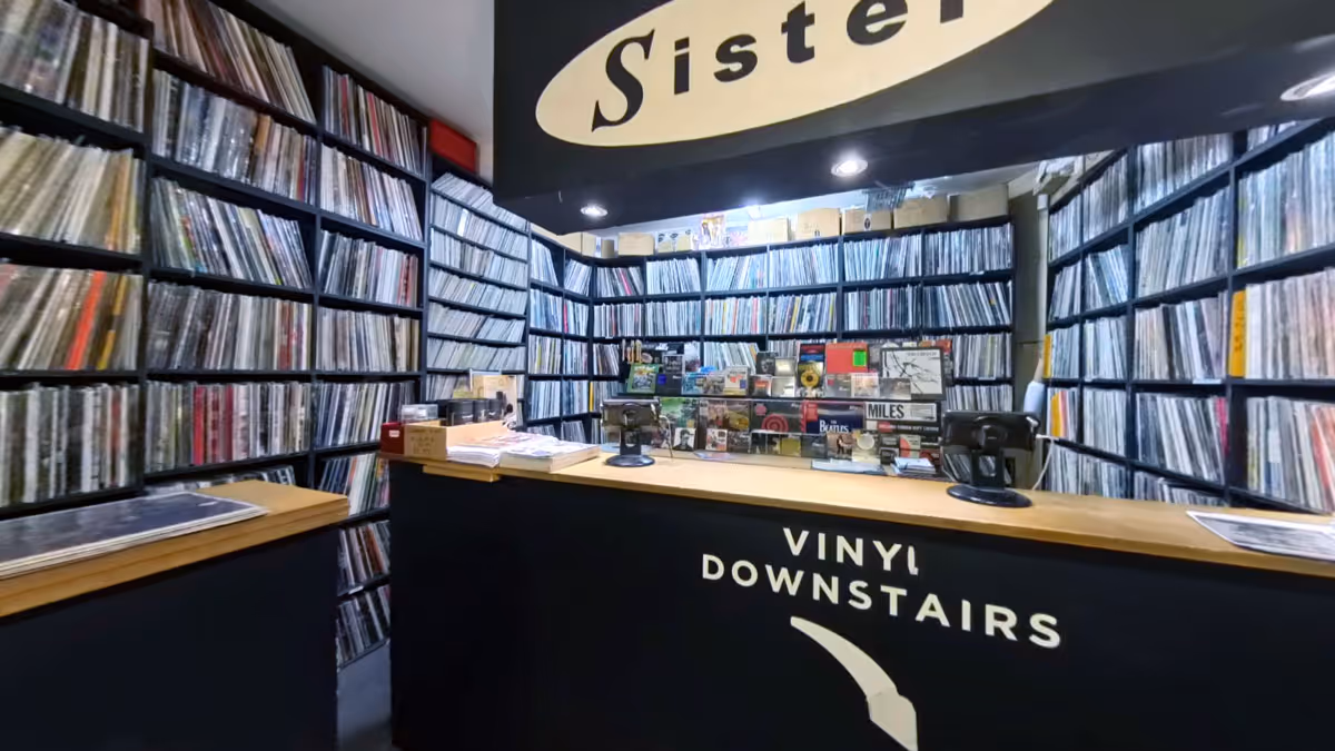Virtual tour view of Sister Ray Records London interior showing vinyl record displays, browsing sections, and store layout captured from 360-degree photography for UK record store exploration