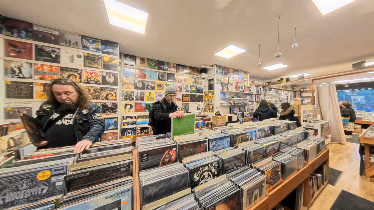 Virtual tour interior view of Levykauppa ÄX record store in Kamppi, Helsinki, Finland, showing vinyl records, music merchandise and store layout captured in 360-degree photography