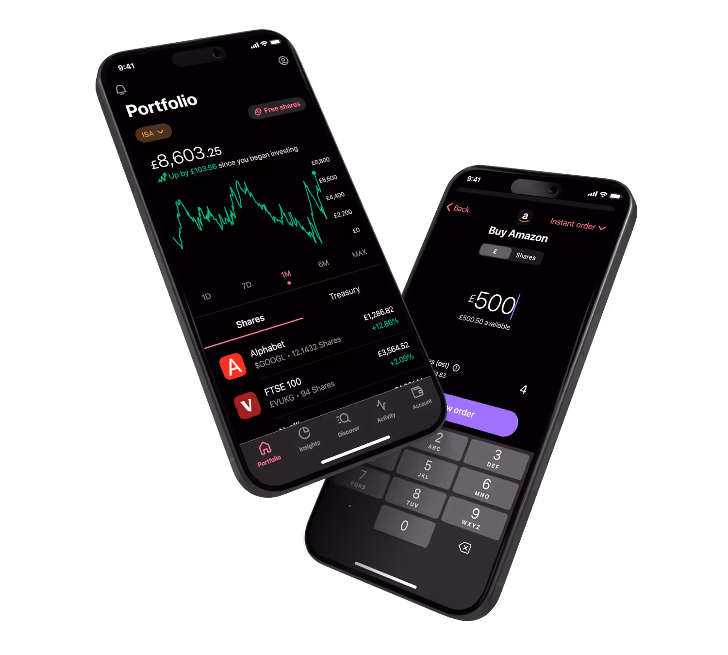 Two mobile phones showing the Freetrade ISA portfolio screen and the Buy screen