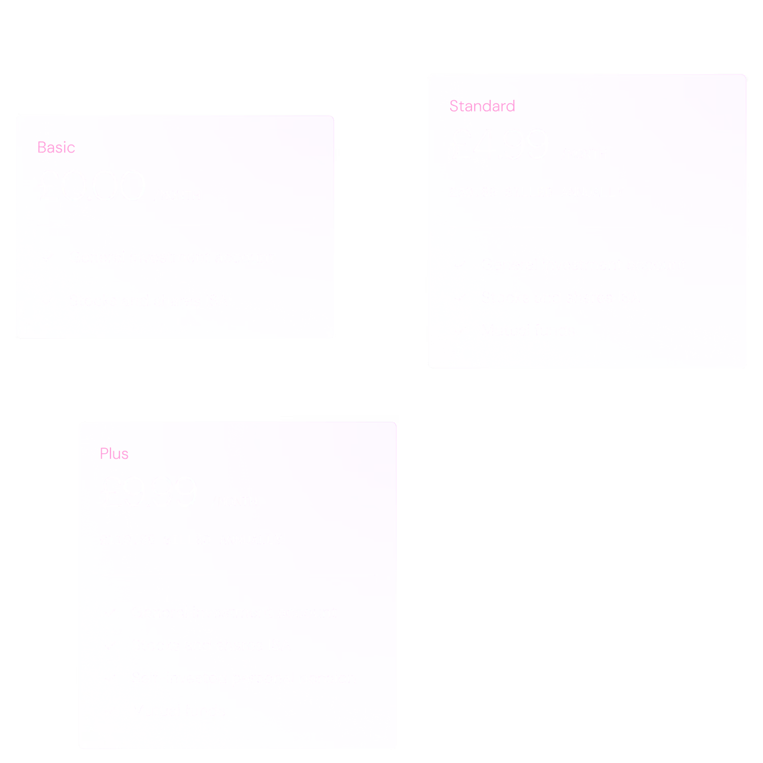Three cards showing the three Freeyrade plans: Basic, Standard, and Plus.