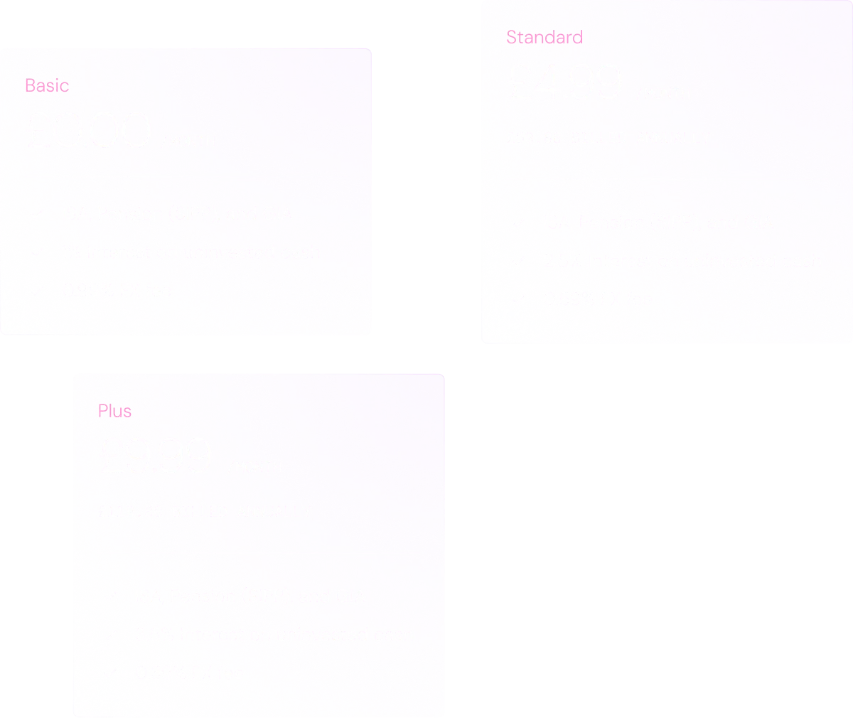 Three cards showing the three Freeyrade plans: Basic, Standard, and Plus.