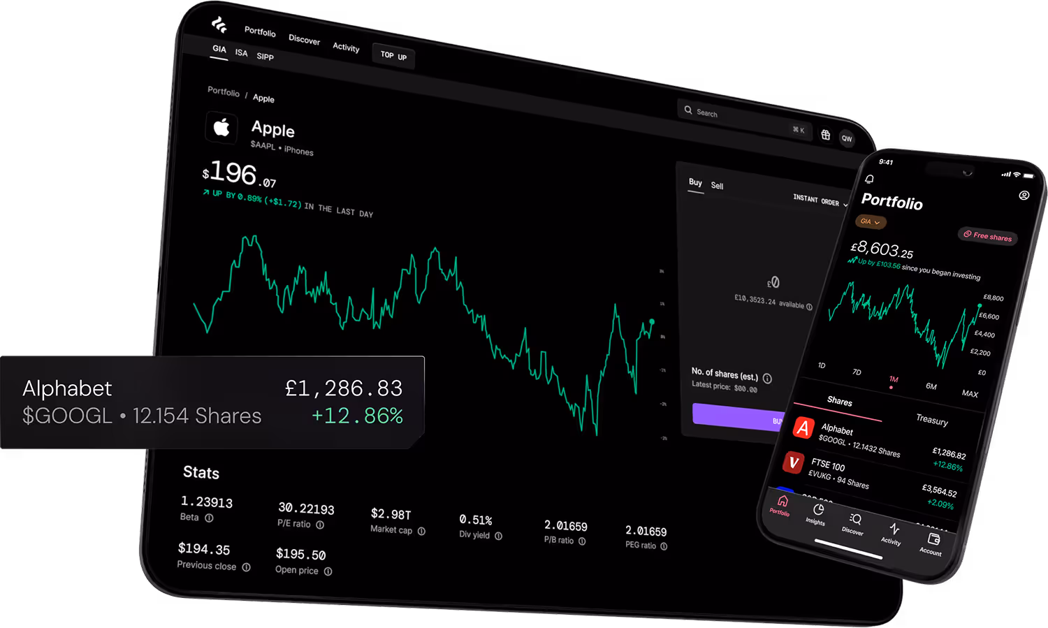 Tablet and Mobile devices showing the chart tracker of a single stock.