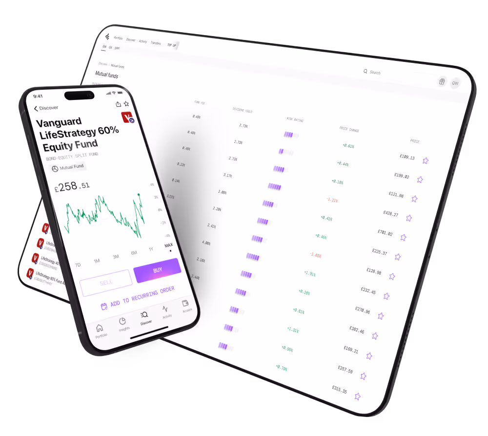 A web screen and a mobile device showing the mutual funds on freetrade.