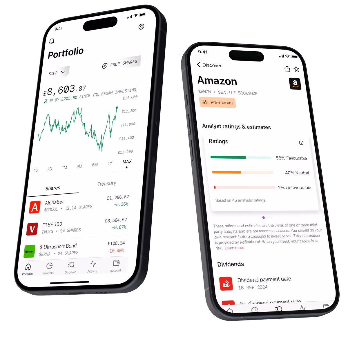 Two iPhones with Freetrade app screens, one showing the SIPP portfolio and the other showing an individual stock for Amazon.