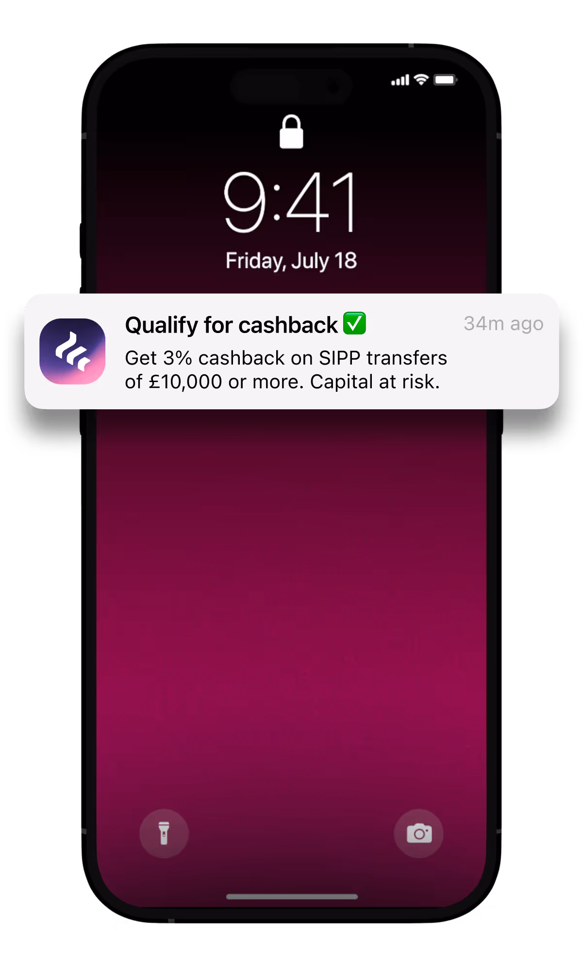 Iphone with a notification about the SIPP cashback offer popping out.