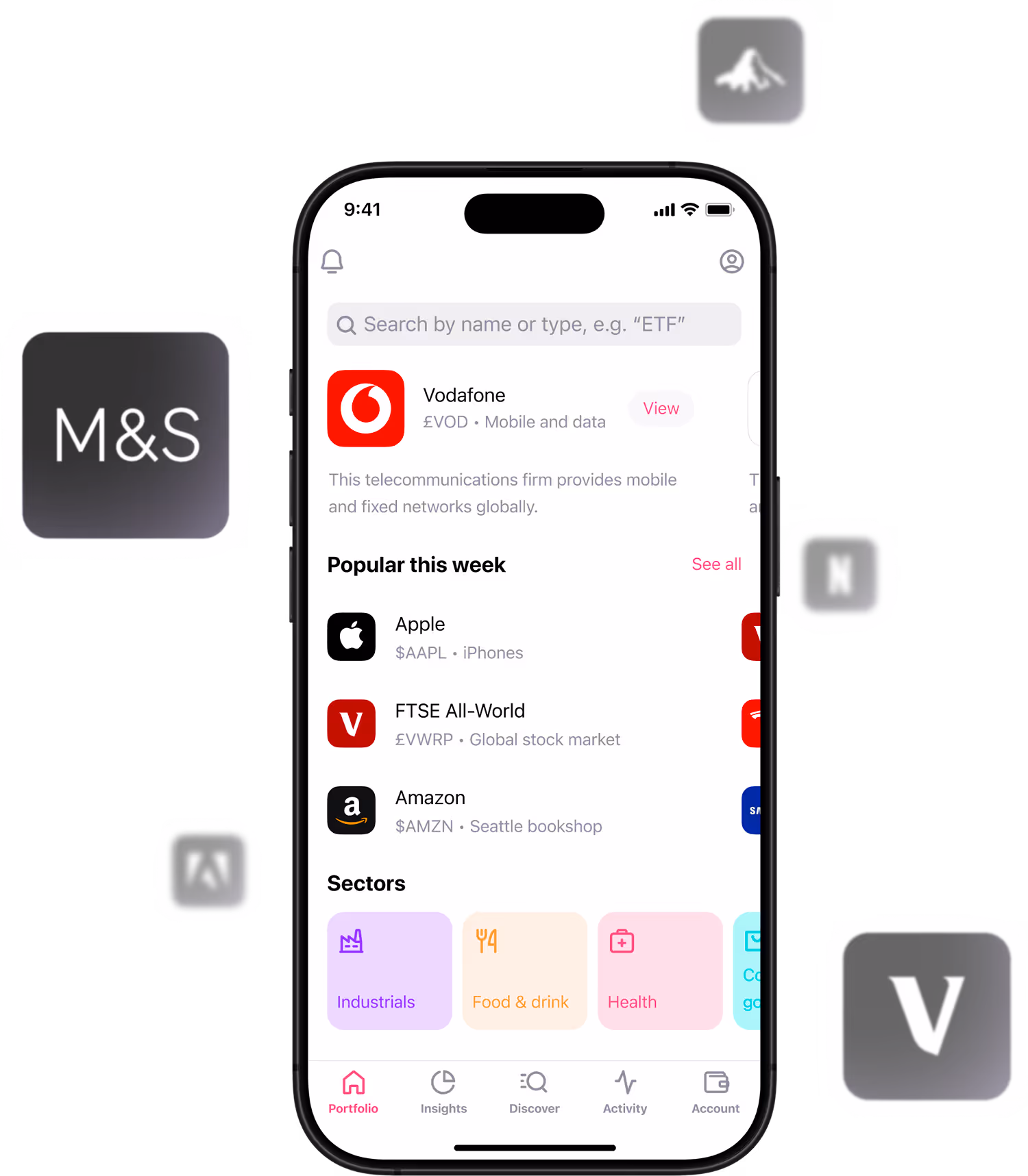 An iPhones Freetrade app's discover screens, and some floating stock logos around the phone.