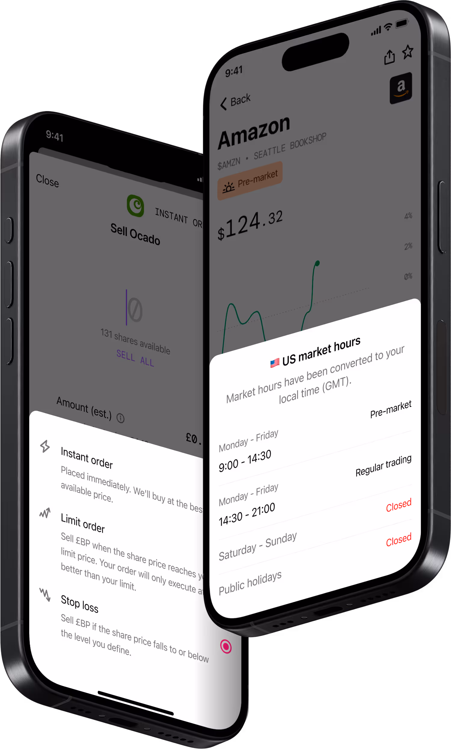 Two iPhones with the Freetrade app screens for automation options and pre-market trading.