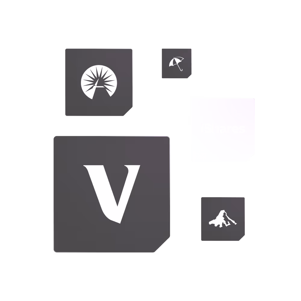 Rectangular grey cards with stock, ETF, and mutual fund providers' logos on them.