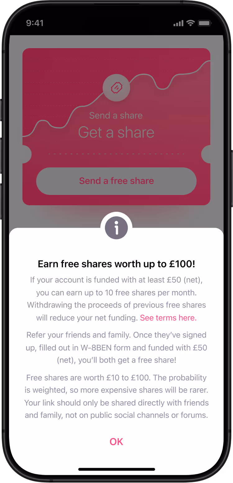 Freetrade mobile phone app screen showing the free share journey