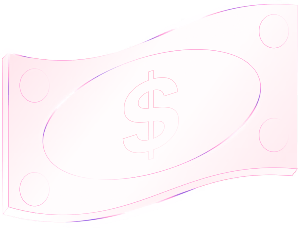 Three-dimensional pink wavy rectangular paper money bill with an oval indentation and circular markings with  Dollar symbol in the middle.