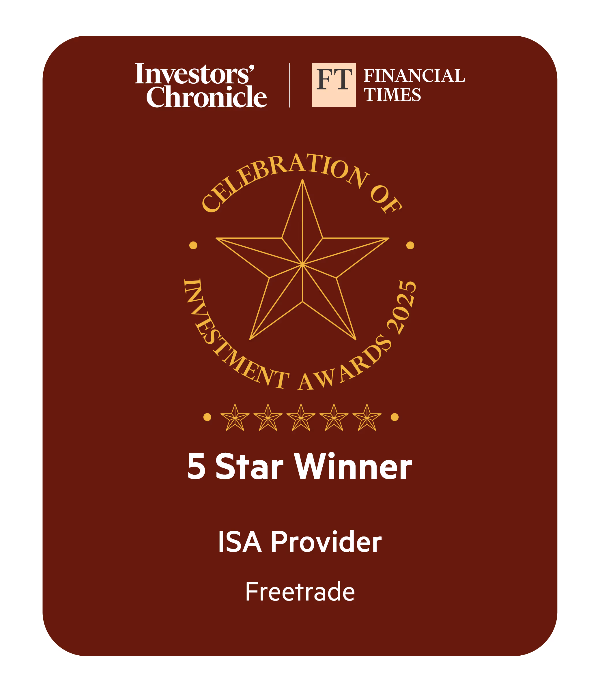 Investors’ Chronicle and Financial Times logos above a gold star and text reading Celebration of Investment Awards 2025, 5 Star Winner, ISA Provider, Freetrade on a dark red background.