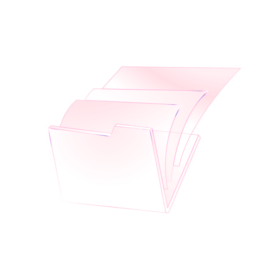 3D translucent pink file folder with three slightly fanned-out documents inside.