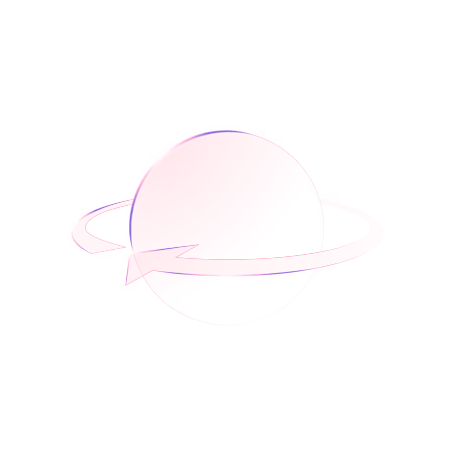 Stylized pink planet with a single ring orbiting around it.