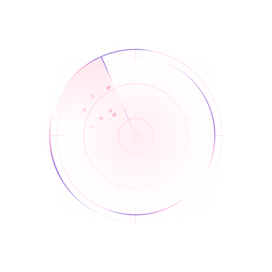 Pink radar screen with a sweeping line and several small dots scattered within the scanning area.