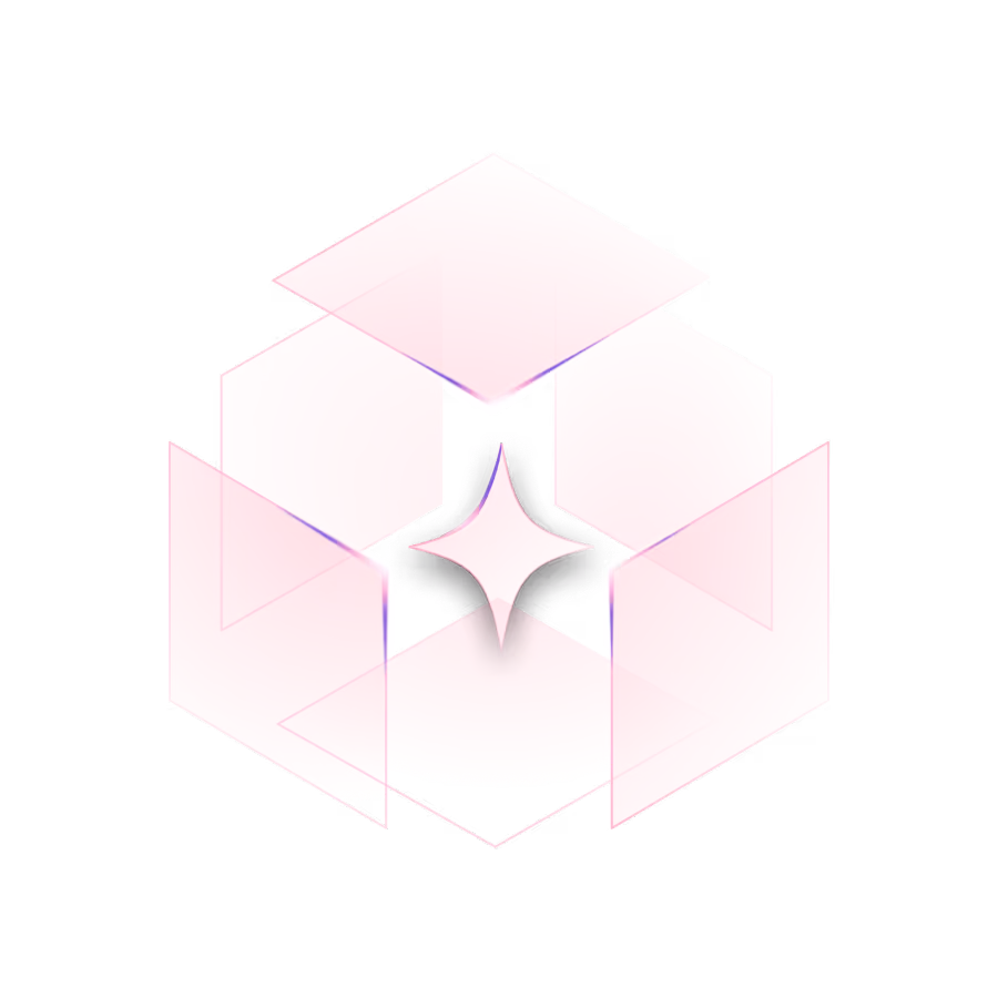 Abstract pink geometric shape with six translucent hexagons forming a circular pattern around a star in the center.