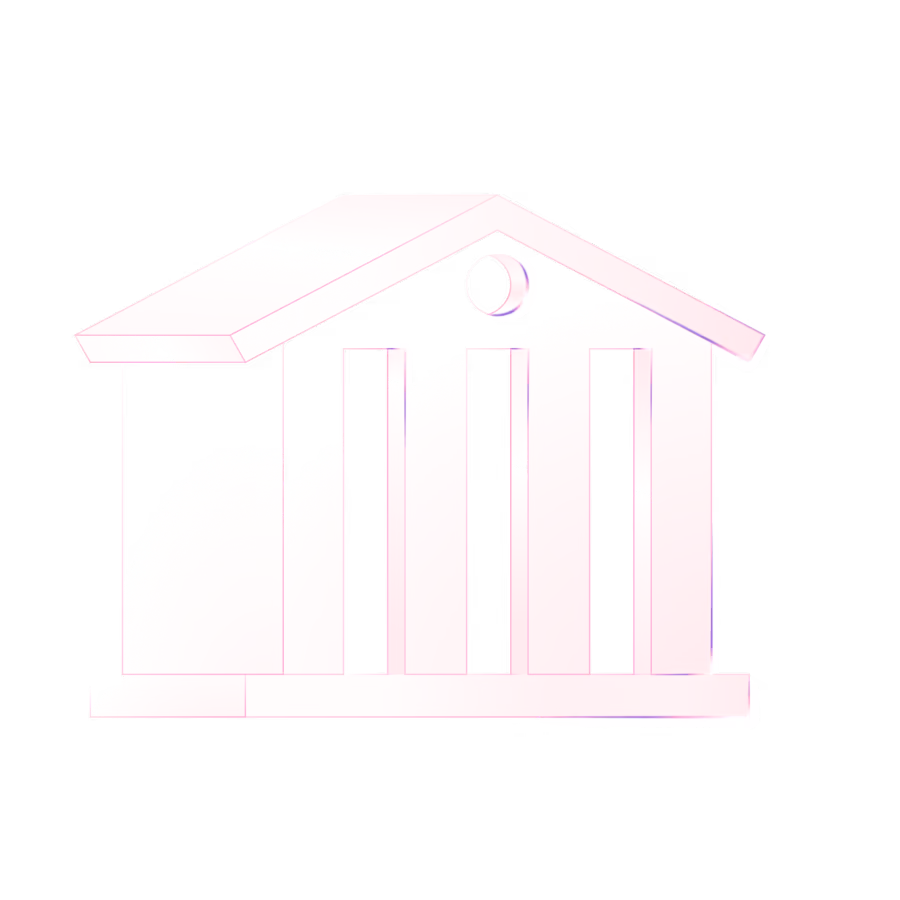 Pink 3D icon of a classical bank building with a triangular roof and four vertical pillars.