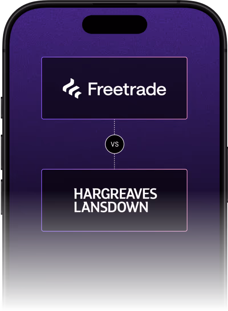 Smartphone screen showing a comparison between Freetrade and Hargreaves Lansdown with a 'vs' icon between the two names.
