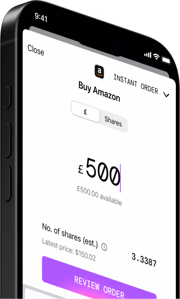 Smartphone screen showing a trading app interface for buying Amazon shares with a £500 input and an estimated 3.3387 shares at a latest price of $150.02.