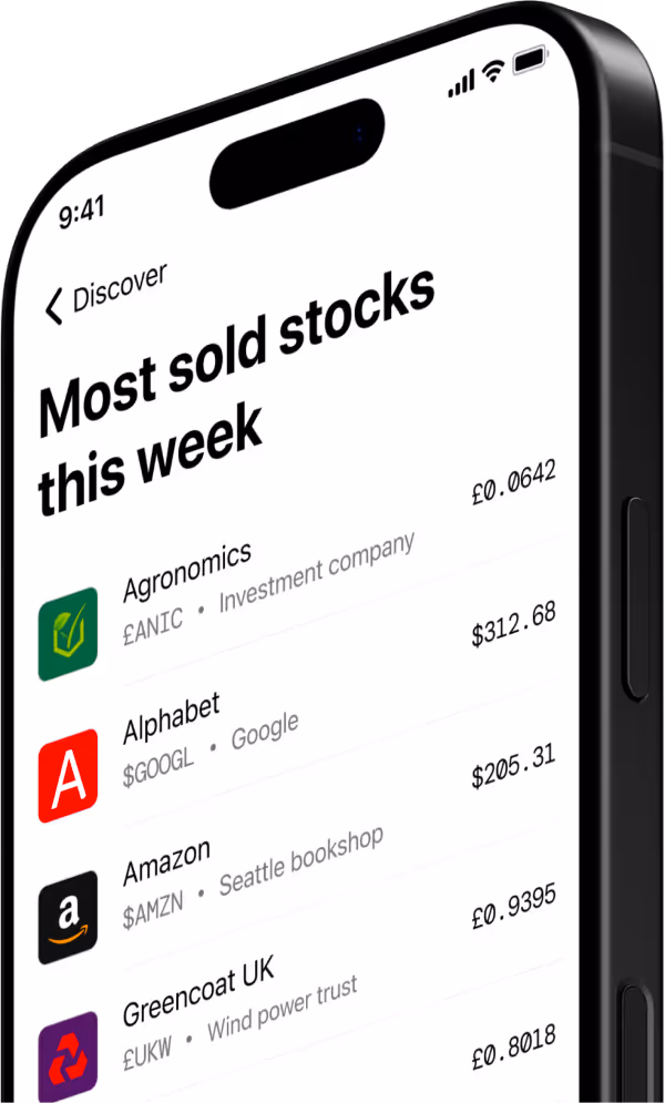 Smartphone screen showing a list of the most sold stocks this week including Agronomics, Alphabet, Amazon, and Greencoat UK with their logos, stock symbols, company types, and prices.