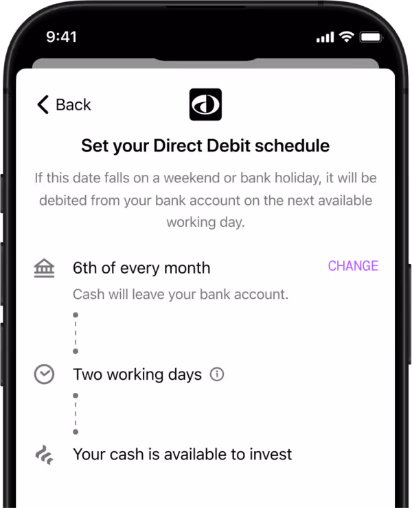 Mobile screen displaying a Direct Debit schedule setup, showing cash deducted on the 6th of every month, processed over two working days, and then available for investment.