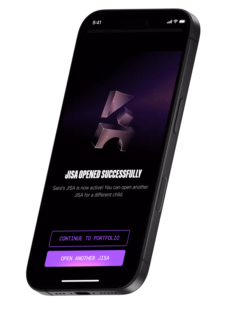 Smartphone screen showing confirmation that JISA opened successfully, with options to continue to portfolio or open another JISA.