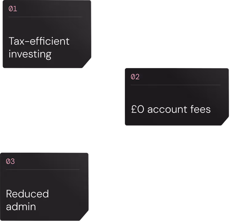 Three black boxes with purple numbers and white text listing benefits: 01 Tax-efficient investing, 02 £0 account fees, 03 Reduced admin.