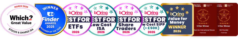 Awards badges for Freetrade showing Which? Recommended Provider 2026, Finder Awards 2025 Provider of the Year, boring money's Value for Money Winner 2026, Best For Share Traders 2026, Best For Low-cost ISA 2026, Best for low-cost SIPP 2026, Best for ETFs 2026, and Investors Chronicle Financial Times 5 Star Winner ISA Provider Freetrade.