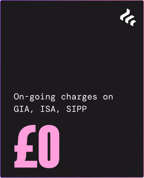 Text stating on-going charges on GIA, ISA, SIPP are zero pounds for Freetrade with their white logo on black background.