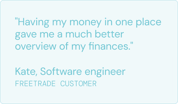 Light teal box with white text quote saying buying or selling anytime in one simple app, signed Kate.