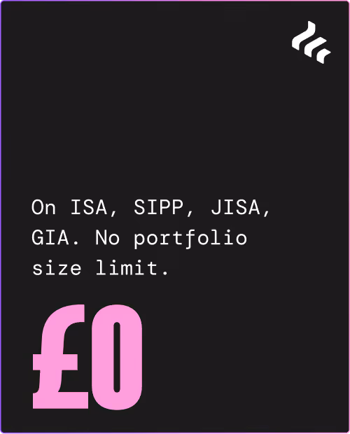 Text stating no portfolio size limit and zero charges on ISA, SIPP, JISA, GIA accounts in pink and white.