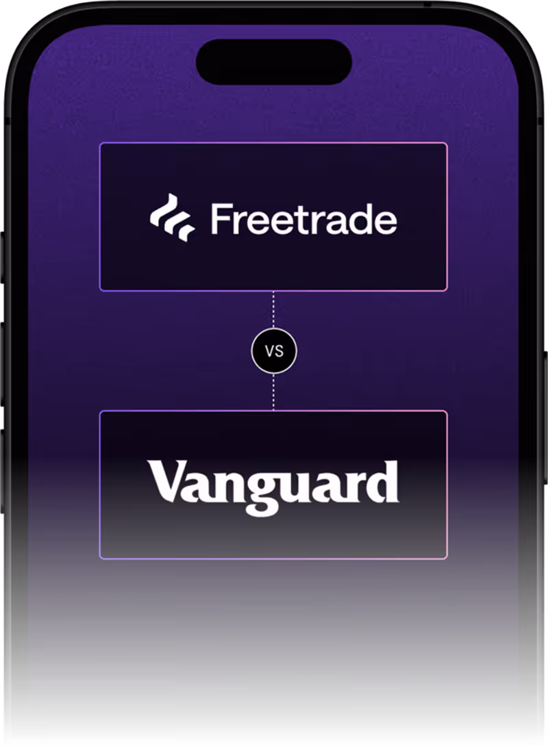 Smartphone screen showing a comparison between Freetrade and Vanguard logos with 'vs' in the middle.