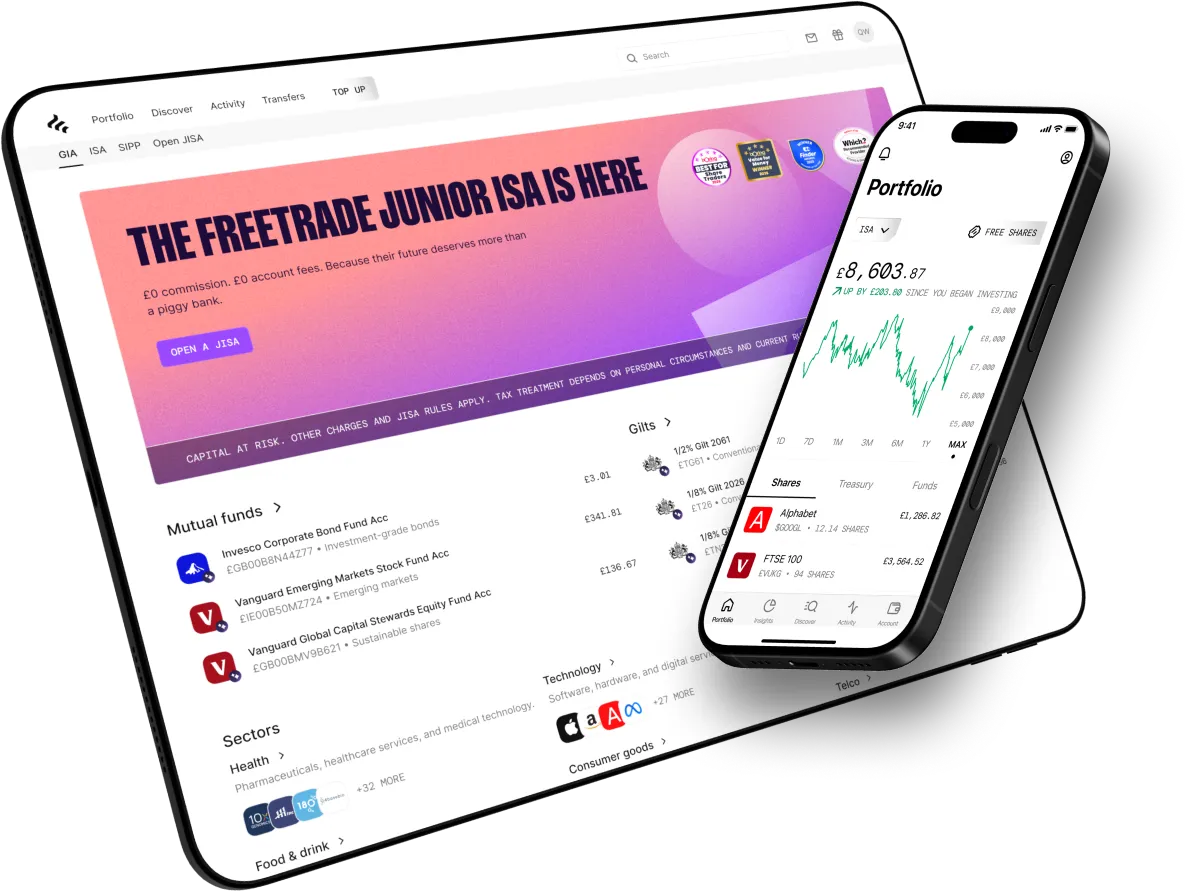 Tablet and smartphone displaying Freetrade app with investment portfolio and Junior ISA promotion.