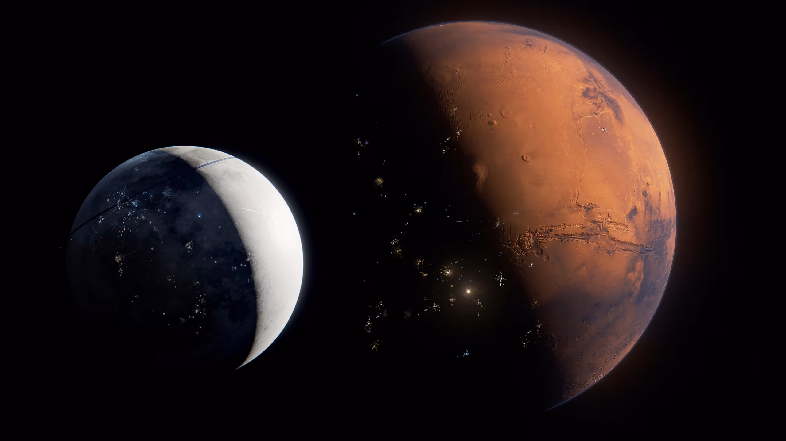 SpaceX media showing two planets in space, one red and one grey with illuminated areas, against a black background.