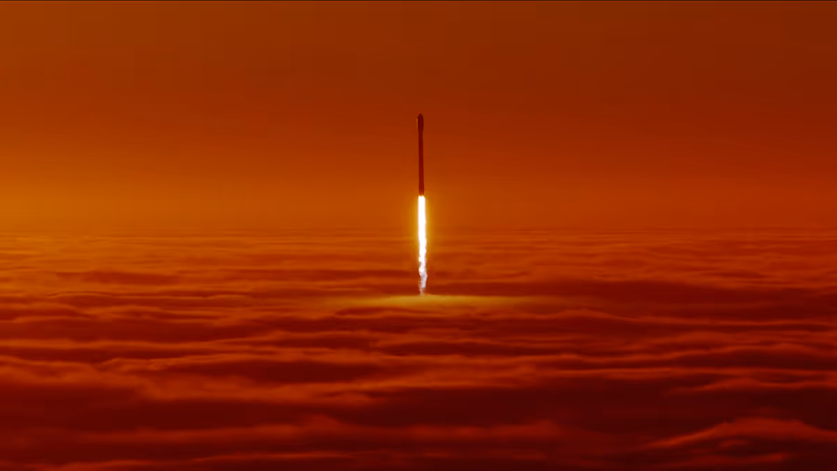 A SpaceX rocket ascending vertically through dense orange clouds with bright flames at its base.