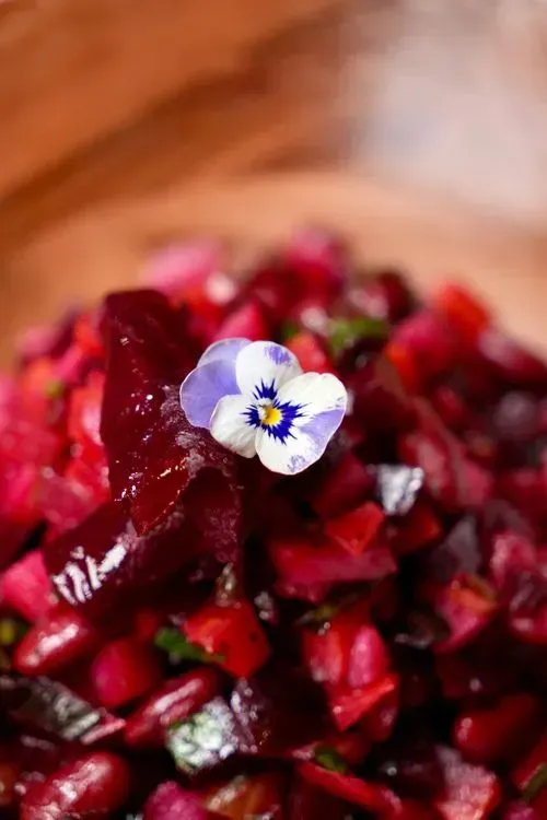 Traditional Vinegret salad featuring diced beets, kidney beans, pickled cucumbers, potatoes, and carrots, topped with an edible flower.