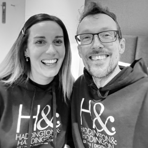 A photo of founding members, David and Emily Haddington wearing lovely hoodies