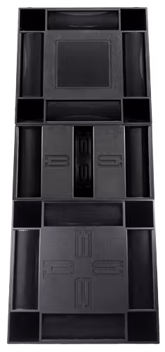 Black modular desk organizer with multiple compartments for storing office supplies.