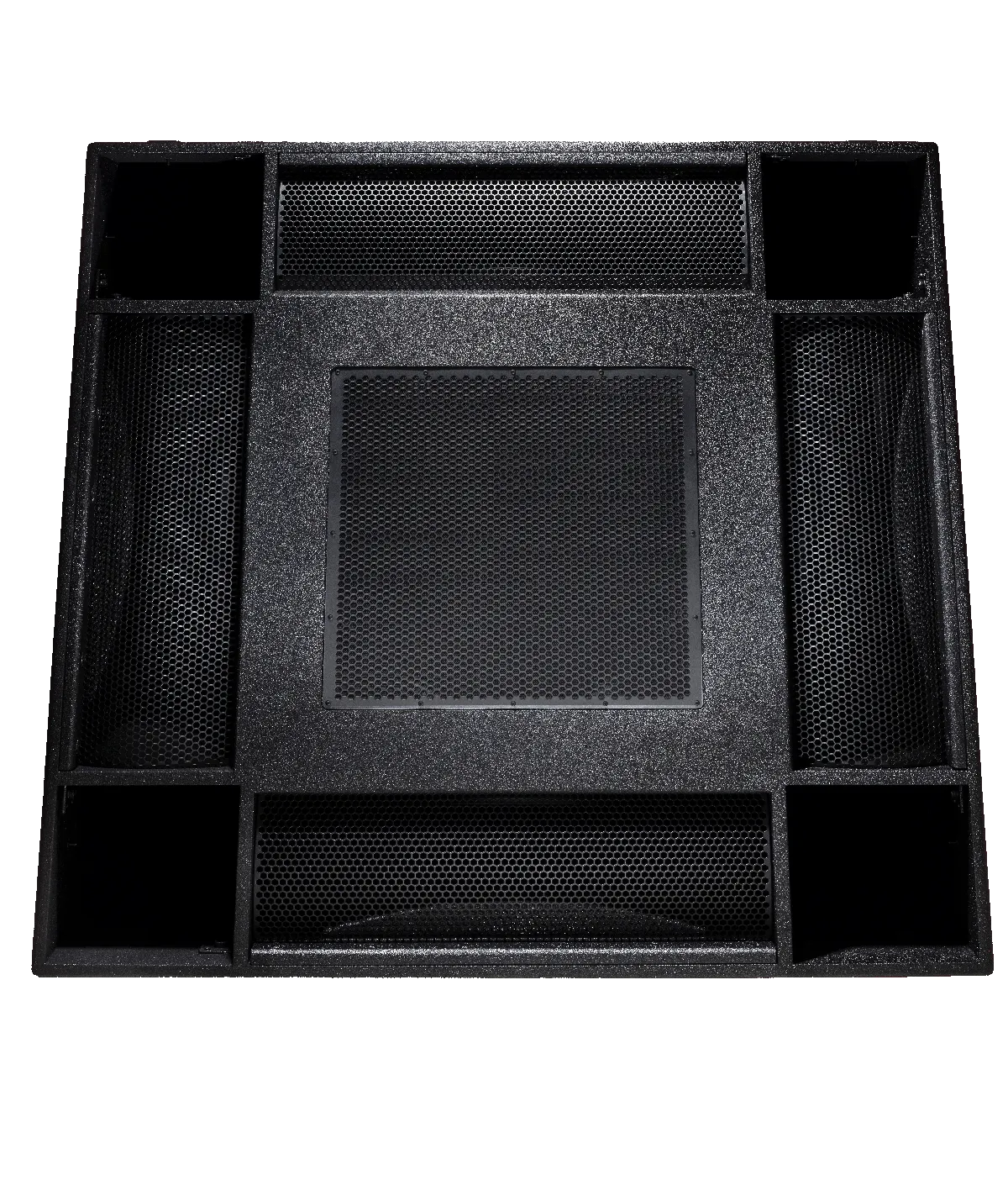 Top view of a Bassboss Krakatoa black rectangular speaker enclosure with multiple mesh-covered compartments and open sections.