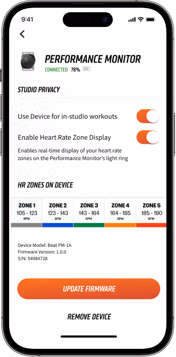 Orangetheory Fitness mobile app performance monitor configuration.