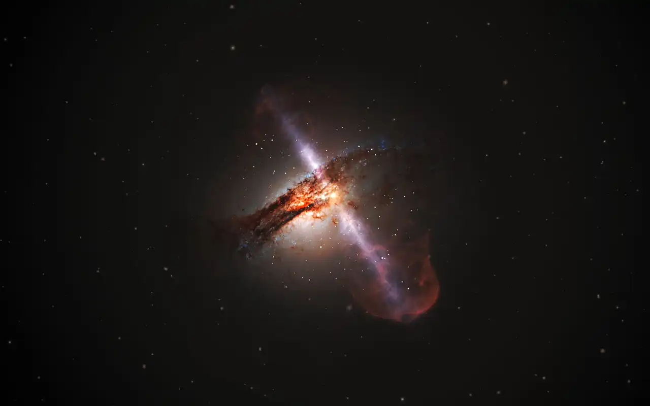A photo taken by NASA's Hubble Space Telescope of a supermassive black hole in the middle of the Centaurus A galaxy, with two jets of plasma moving near the speed of light